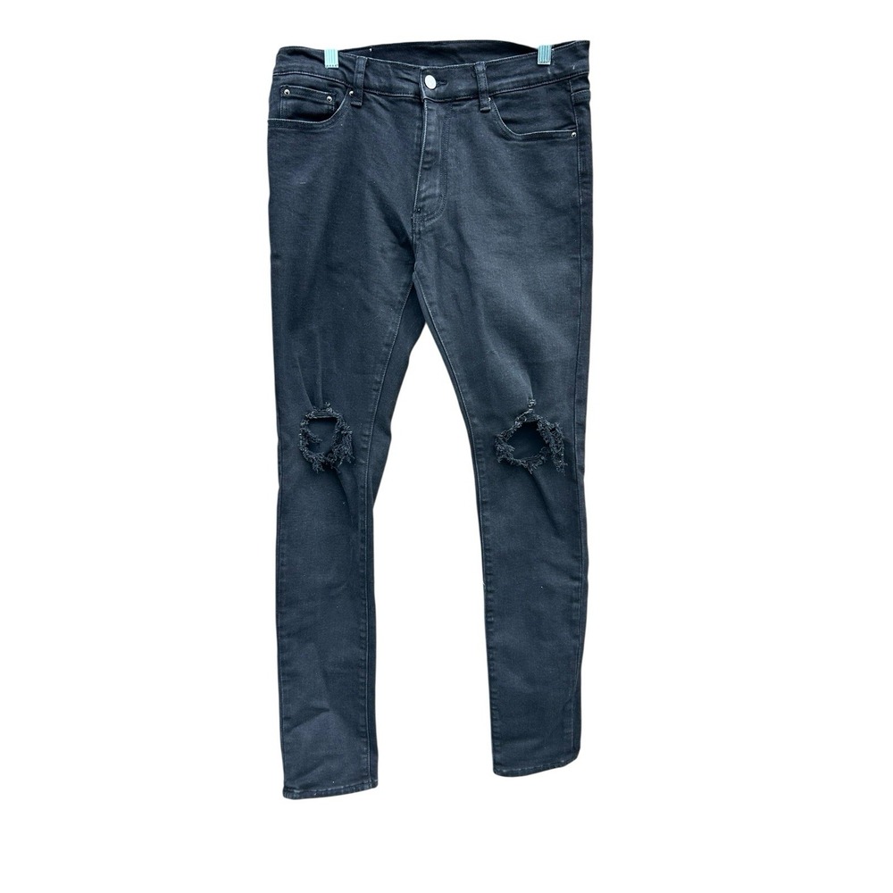 MNML Mens 32x33 Black Slim Fit Distressed Denim Jeans Stretch Skinny Pants